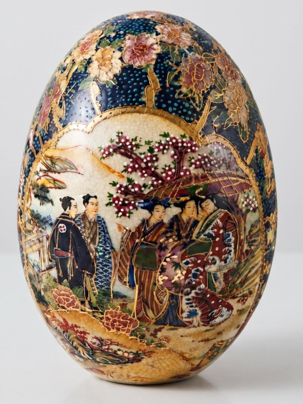 Vintage Royal Satsuma Japanese Moriage Egg Vase Hand Painted Geisha 6.5”